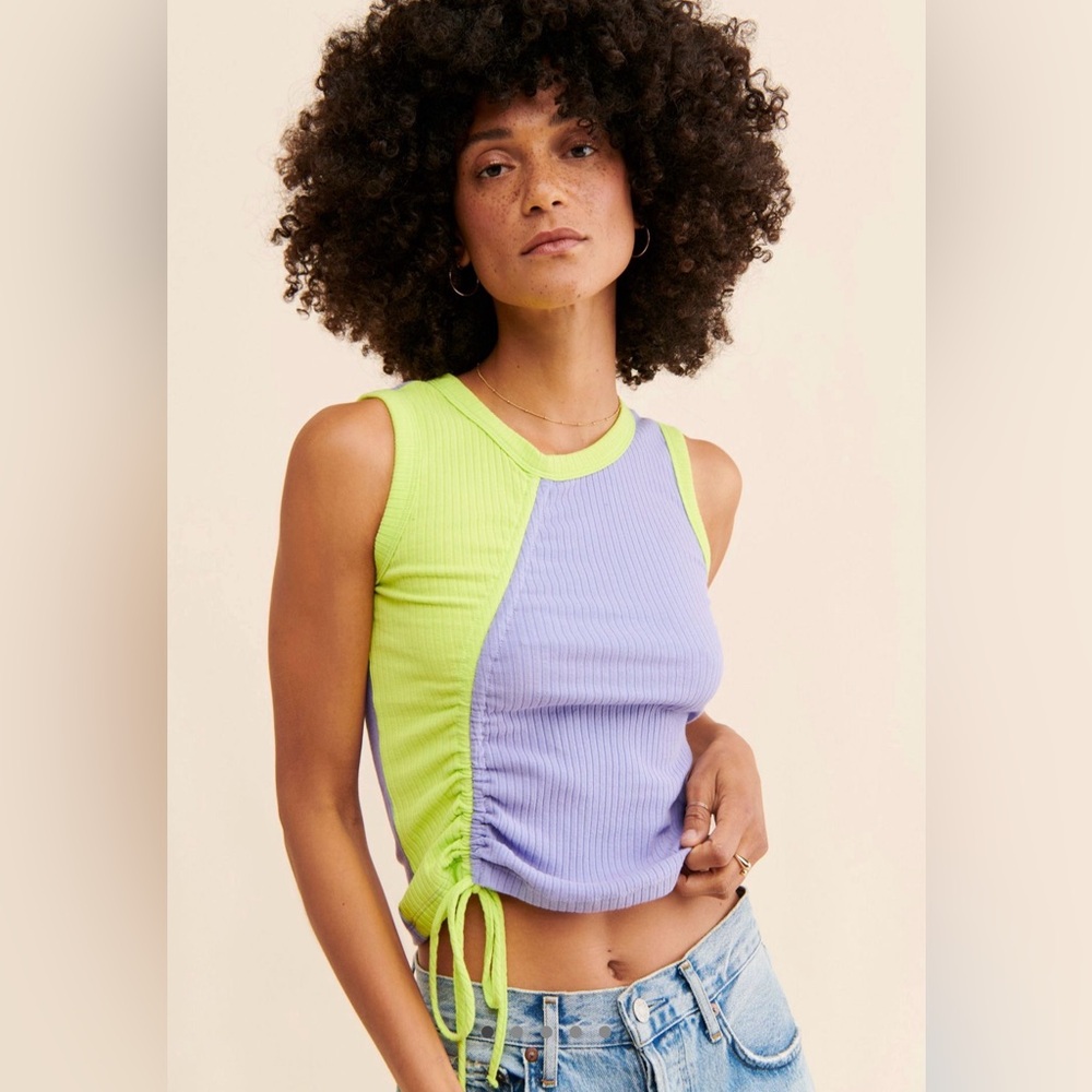 Free People Lilac and Neon Green Colorblock Ribbed Tank